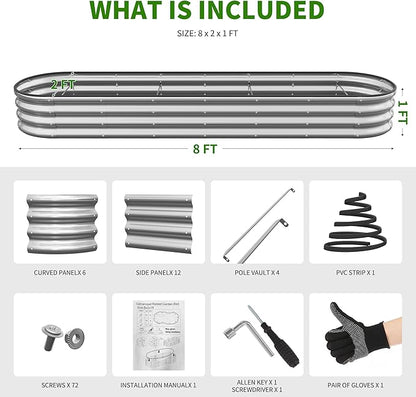 Galvanized Metal Raised Garden Bed Kit for Outdoor Planter Boxes with Easy Assembly,Oval Large Galvanized Gardening Raised Bed for Vegetables, Fruits, Flower (Silver, 8 * 2 * 1ft)