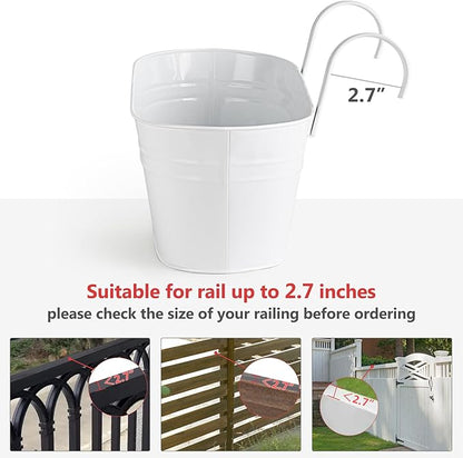 Dahey 3 Pcs Metal Iron Hanging Flower Pots for Railing Fence 15.7 Inch Hanging Bucket Pots Countryside Style Window Flower Plant Holder with Detachable Hooks for Garden Yard Home Decor, White