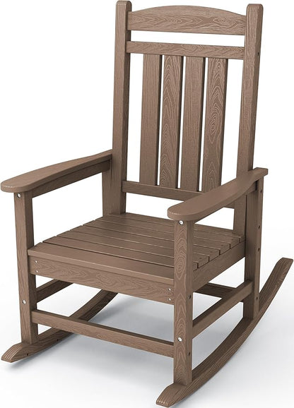Rocking Chair for Patio, Brown HDPE Outdoor Rocker with 350 lb Capacity