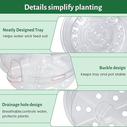 20 Pack 5 Inch Clear Self Watering Plant Pots with Bottom Water Tray & Watering Rope, Transparent Nursery Pots with Drainage for Seedlings, Herbs, and Houseplants