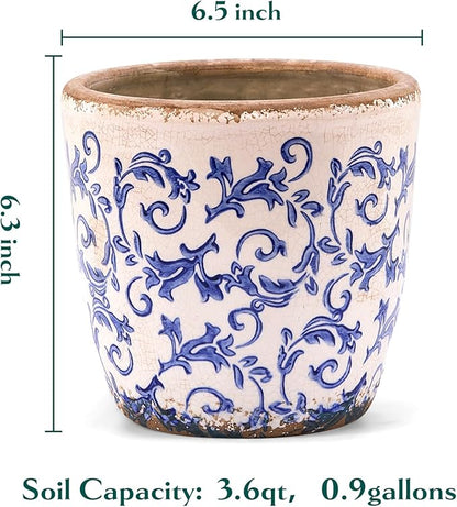 Vintage Ceramic Planter with Drainage Hole, Plastic Tray & Mesh, 6.5 Inch - Indoor/Outdoor Flower Pot, Blue Floral Rustic Farmhouse Design Plant pot for Home, Office & Garden Décor, Ideal Gift