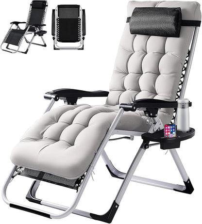 VINGLI Padded Zero Gravity Chair, Lounge Chair with Removable Cushion & Tray， Folding Reclining Patio Chairs， Recliner Chair for Lawn，Indoor and Outdoor