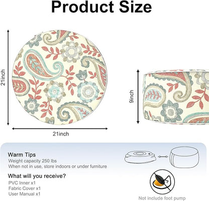Inflatable Ottoman Stool D21 xH9 for Outdoor/Indoor Use, Water Repellent Patio Foot Rest with Portable Handle,Round Pouf Ottoman Suitable for Garden,Deck and Camping-Paisley Vintage