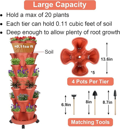 GameXcel Vertical Planter 7 Tier Stackable Planters Garden Planters Strawberry Herb Flower and Vegetable Planter Indoor Outdoor Gardening Pots with Removable Wheels and Tools 2-Pack