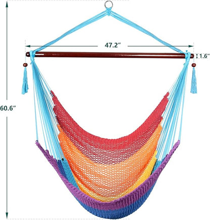Caribbean Hammock Swing Chair with Spreader Bar, Large Hammock Chair, Hand Craft Rope Hanging Chair Outdoor, Indoor, Bedroom, 330 LBS Weight Capacity, Rainbow