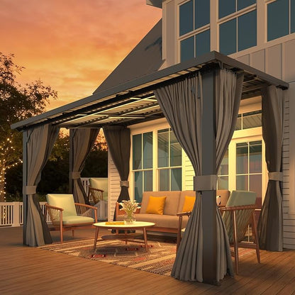 AECOJOY 12'x8' Outdoor Hardtop Gazebo Pergola with Curtains and Netting for Patio, Large 8x12 Steel Heavy Duty Lean to Wall-Mounted Pergolas and Grill Gazebos Clearance, Metal Roof Awnings for Decks