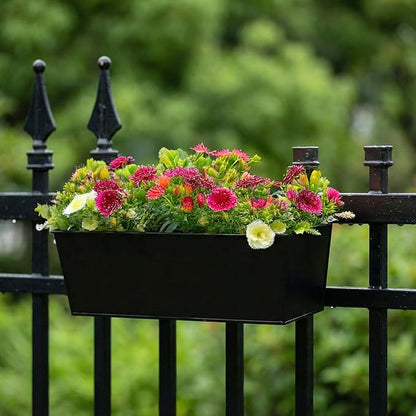 3 Pack Metal Railing Planters, 16 Inch Large Rectangular Hanging Flower Pots with Detachable Hooks & Drainage Holes, Fits Rails up to 2.5", Galvanized Iron Window Box for Balcony Garden - Black