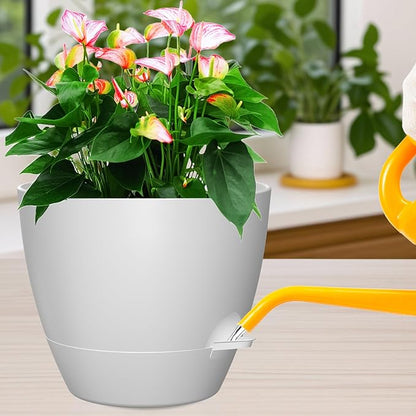 12 Inch Large Self Watering Pots, Flower Pots with Multi-Mesh Drainage Holes and Saucer, Planters for Indoor and Outdoor Garden Plants (White)