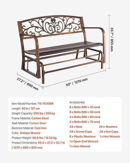 VEVOR Outdoor Bench, 50 inch, Carbon Steel Metal Frame with Cast Iron Backrest and Round Edge Armrests, Weatherproof Outside Glider Bench for Patio, Garden, Park, Yard, Front Porch, Antique Bronze