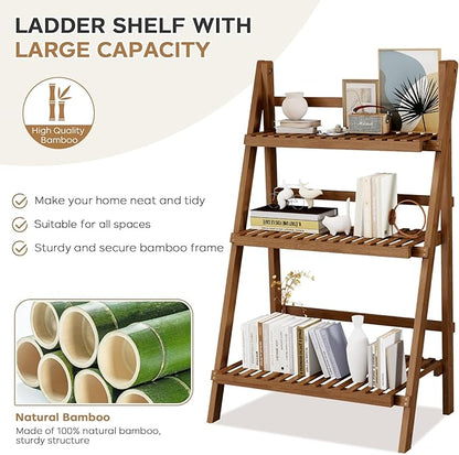 39.4" Bamboo Ladder Shelf Plant Shelf, 3 Tier Foldable Ladder Flower Pot Display Shelf Rack, 23.6"W x 15"D x 39.4"H, Freestanding Bookshelf for Garden, Balcony, Yard, Patio, Lawn, Living Room, Walnut