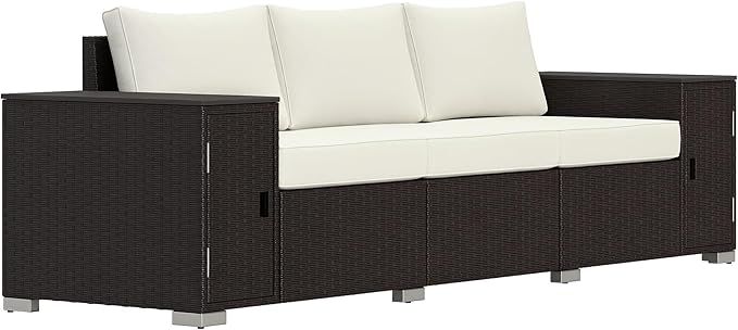 Outsunny 3 Seater Wicker Sofa with 2 Storage Side Tables and Thickened Cushions, Rattan Outdoor Patio Sofa with Wide Armrests, Wicker Outdoor Couch for Porch, Garden, Backyard, Cream White/Brown