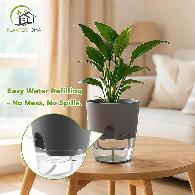 3 Pack Self Watering Pots for Indoor Plants, PlanterHoma 6 Inch Plant Pot Plastic Self Watering Planter for Orchid, African Violet, Small Clear Flower Pots with Drainage Holes and Wicking Rope, Grey