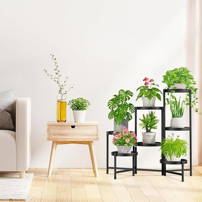 iDavosic.ly 7 Tier Large Plant Stand Indoor with 10 Inch Wide Tray, Tiered Corner Metal Outdoor Flower Display Holder Shelf, Folding Tall Rack for Patio Porch Living Room, Modern Black