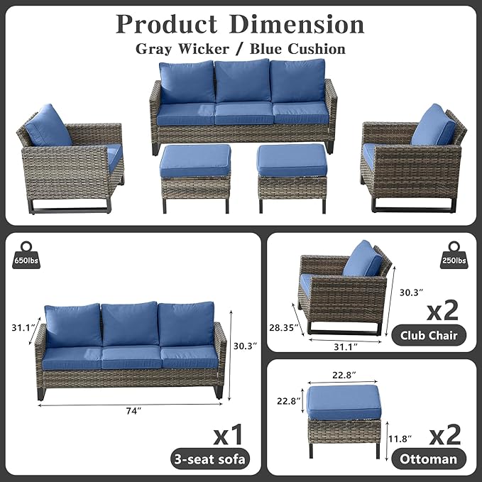 Belord Wicker Patio Furniture 5 Piece Outdoor Sofa Set, Oversize Outdoor Dining Chairs with Rattan Ottomans, Conversation Sets Patio Furniture Come with Removable Washable Cushion Blue