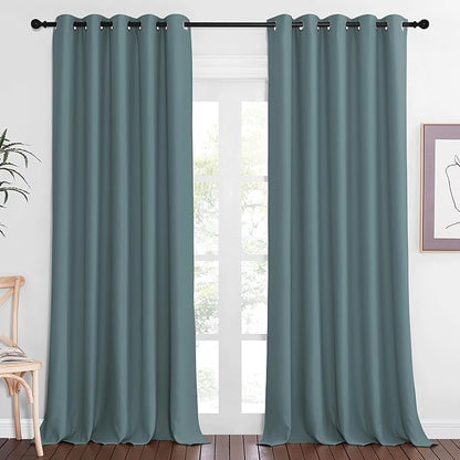 NICETOWN Blackout Greyish Blue Curtains & Drapes for Living Room - Thermal Insulated Solid Grommet Sound Reducing Energy Saving Window Treatments for Porch/Hall, 1 Panel, W66 x L90