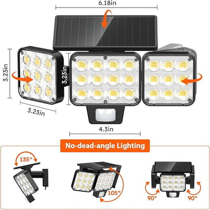WdtPro Solar Lights Outdoor Flood Light, 3500LM Bright Motion Sensor Outdoor Lights, 3 Heads & Upgrade Glass Panel, LED Solar Powered Security Light Spotlights Waterproof for Outside Yard-2Pack