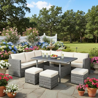 Tangkula 7 Pieces Patio Furniture Set, Outdoor Sectional Rattan Dining Sofa Set with Cushions, All Weather Wicker Conversation Couch Set with Dining Table & Ottomans for Yard Garden Poolside, White
