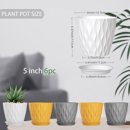 5 Inch Planter Pots, 6 Pack Indoor Planters, Small Flower Pots with Drainage Holes and Tray for Succulents, Orchids, Herbs and Other Indoor Plants (Orange+Grey+White, 5inch)