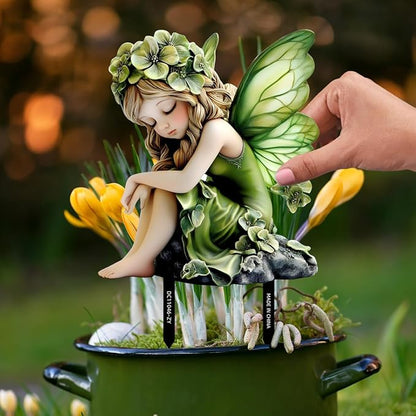 Fairy Garden Stake Decor, Acrylic 2D Garden Fairy Decoration, Fairy Garden Accessories for Outdoor Indoor Yard Lawn Pot Plants (Green Flower Fairy)