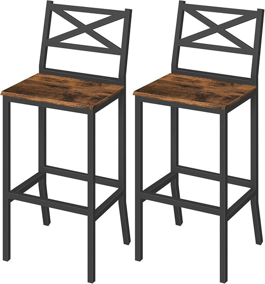 Bar Stools, Set of 2 Bar Chairs with Backrest and Footrest, 26" Tall Counter Bar Stools, Kitchen Breakfast Bar Chairs, Easy Assembly, for Dining Room, Rustic Brown BAHR0901N1