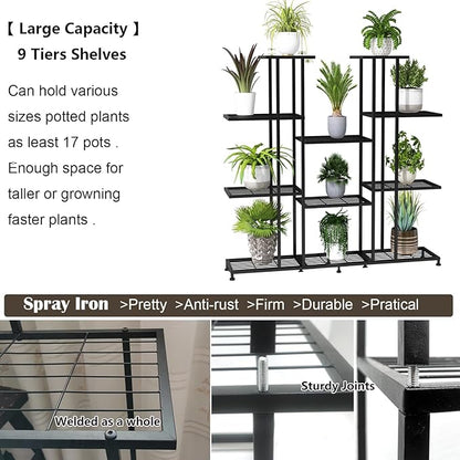 Twhep Heavy Duty Metal Plant Stand, large Multifunctional Plant Stand for Indoor Outdoor, for Tall Large Rack for Living Room Garden Balcony, Black(9 Tier)