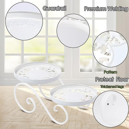 2 Tier White Plant Stand, Metal Flower Stand Indoor Outdoor, Anti-Rust Iron Plant Shelf, Round Flower Pot Stands for Multiple Plants, Display Rack Potted Plant Holders for Garden Home Decor
