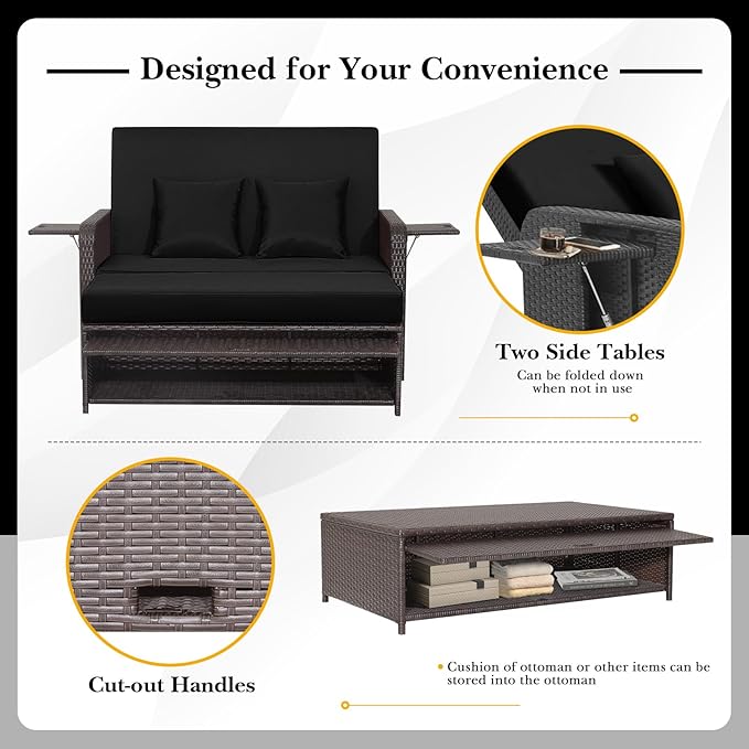 Nightcore Wicker Patio Outdoor Daybed, Outdoor Chaise Lounger w/ 4-Level Adjustable Backrest, Retractable Side Trays, Storage Ottoman, Comfortable & Removable Cushions, Rattan Loveseat (Black)