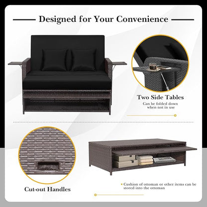 HAPPYGRILL Patio Rattan Wicker Daybed with Loveseat & Storage Ottoman, Outdoor Lounge Sofa Furniture Set with Adjustable Backrest & Side Trays, for Poolside Deck Porch Lawn (Mix Brown & Black)