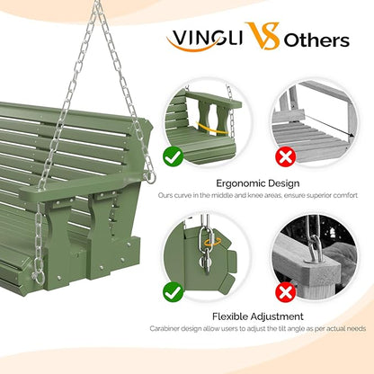 VINGLI Upgraded Patio Wooden Porch Swing for Courtyard & Garden, Heavy Duty 880 LBS Swing Chair Bench with Hanging Chains for Outdoors (Green, 5 FT)