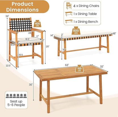 Tangkula 6 Piece Patio Dining Set for 5-6 People, 63” Outdoor Acacia Wood Table with 1.97” Umbrella Hole & Bench & 4 Cushioned Armchairs, for Deck Yard and Poolside