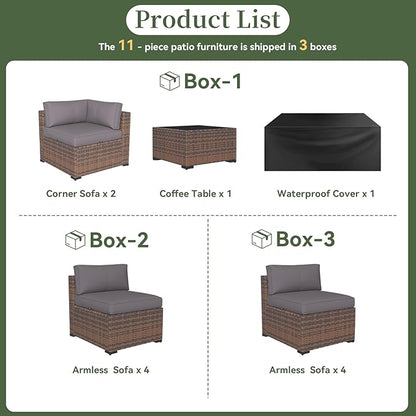 Aoxun 11 Piece Patio Furniture Set Wicker Rattan Patio Conversation Set Outdoor Sectional Sofa Set with Coffee Table and Thickened Cushions, Gray(Waterproof Cover Included)