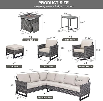 Patio Sectional Furniture Set with Fire Pit Table: 10 Pieces Wicker Patio Conversation Set with L Shaped Sofa, Outdoor Swivel Glider Rocker, Rattan Club Chairs, Ottomans, Removable Cushions Beige