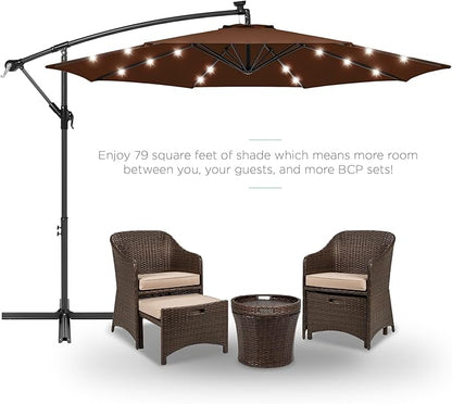 Best Choice Products 10ft Solar LED Offset Cantilever Hanging Market Patio Umbrella, 8 Sturdy Ribs, Easy Adjustment - Brown