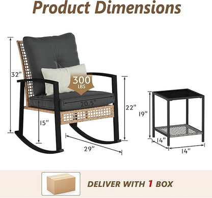 Bistro Set, 3-Piece Patio Rocker Set with Gray Cushions and Glass Table Top