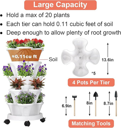 GameXcel Vertical Planter 5 Tier Stackable Planters Garden Planters Strawberry Herb Flower and Vegetable Planter Indoor Outdoor Gardening Pots with Removable Wheels and Tools White