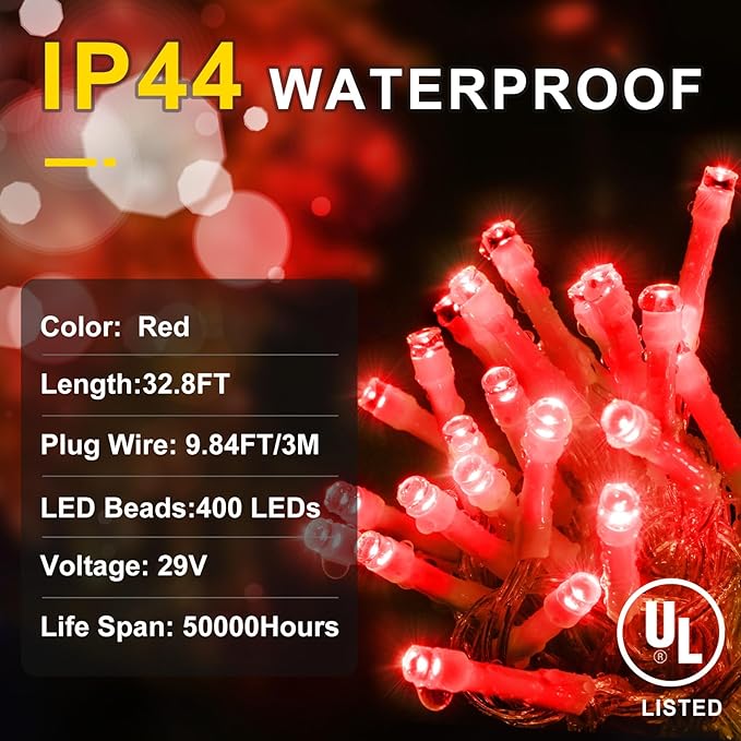 String Lights with 400 LEDs, 33 ft Red Outdoor Christmas Decor, 8 Modes