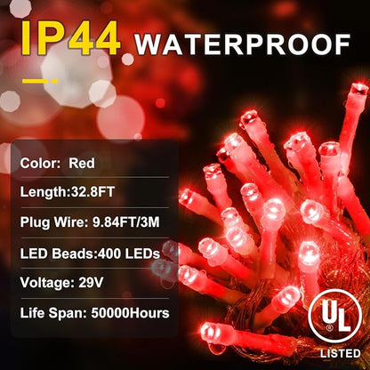 String Lights with 400 LEDs, 33 ft Red Outdoor Christmas Decor, 8 Modes