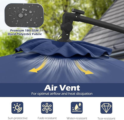Tangkula 10ft Solar LED Patio Umbrella with Base, Offset Cantilever Outdoor Umbrella with 32 LED Lights, Infinite Tilt, 360 Degree Rotation, Crank Handle for Pool Deck Garden Backyard (Navy)