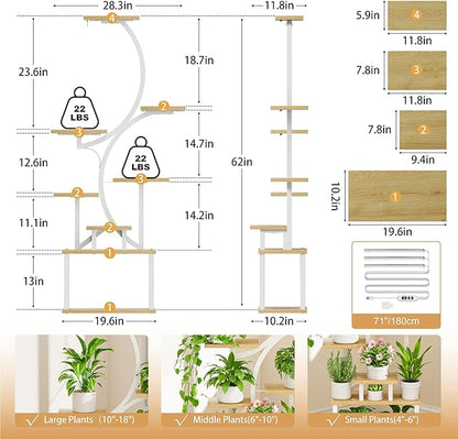 Plant Stand Indoor with Grow Lights - 62" Tall Plant Shelf, Lighted Corner Plant Stands for Indoor Growing, 8 Tiered Large Flower Holder, S-Shaped Plants Rack for Living Room, Patent Design, Natural