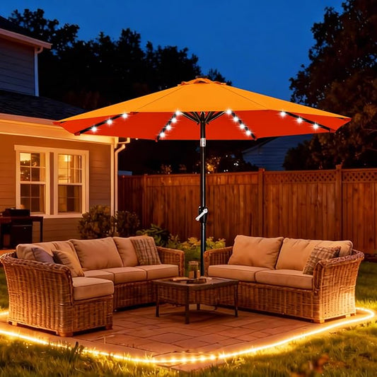 Durable Solar Led Patio Umbrellas with 32LED Lights ( ) in Orange, 11FT