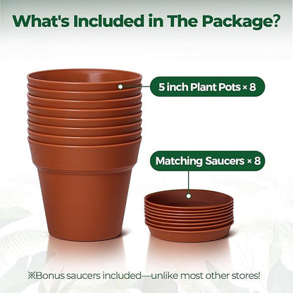 T4U 5 Inch Plant Pot 8-Pack, Plastic Pots with Drainage Hole and Saucer, Decorative Flower Pots Bulk for African Violet, Snake Plant, Succulent and All House Plants Indoor (8pcs 5" Pots)