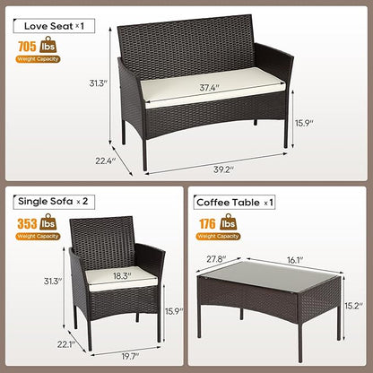 FDW | 4-Piece Patio Furniture Set | Brown | Outdoor Wicker Furniture with Coffee Table | Modern Rattan Chairs Conversation Set | Outdoor Seating | Weather-Resistant | for Porch, Garden, Lawn