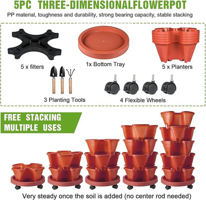 Vertical Strawberry Planter 5 Tier Stackable Tower Herb Planters Stacking Outdoor Garden Planters Pot With Tools Mover For Growing Flowers, Vegetables and Succulents