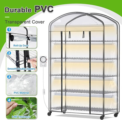 Abimars 5-Tier Greenhouse with Grow Light, Shelf Height Adjustable Metal Plant Shelf with PVC Cover and Wheels, Includes 5-Pack 2900K Full Spectrum Plant Lights, 21x49x80inch