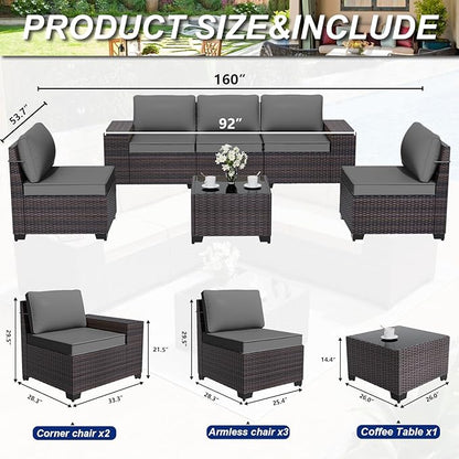 ALAULM 6 Pieces Patio Furniture Set, Oversized Seat/Armrest and High Back Wicker Sectional Furniture Set with Thick Cushion for Backyard, Garden, Grey