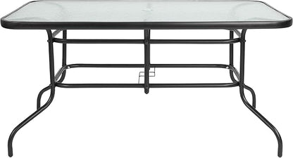 Flash Furniture Tory 31.5" x 55" Rectangular Tempered Glass Metal Patio Table with Umbrella Hole, Modern Rippled Glass Outdoor Dining Table, Black