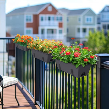 CADUKE Railing Planter Boxes 6 PCS, Planter Boxes with Adjustable Bracket, Deck Rail Planters for Outdoor Plants, Flower Pots for Balcony Garden Decor, Gray