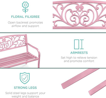 Best Choice Products Outdoor Bench Steel Garden Patio Porch Furniture for Lawn, Park, Deck w/Floral Design Backrest, Slatted Seat - Pink