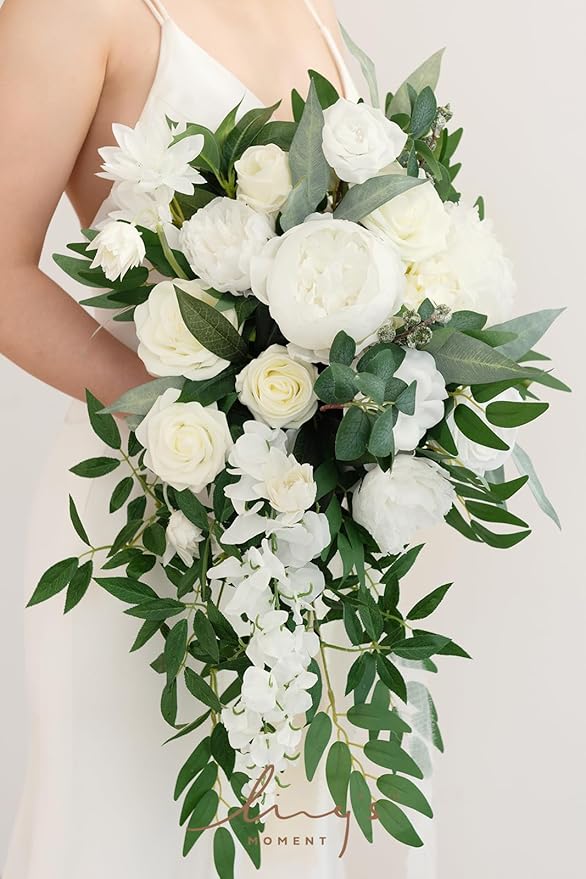 Artificial Bridal Bouquet, Ivory Cascading Silk Flowers with Pearls, 15 in