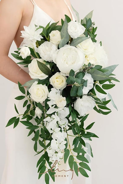Artificial Bridal Bouquet, Ivory Cascading Silk Flowers with Pearls, 15 in
